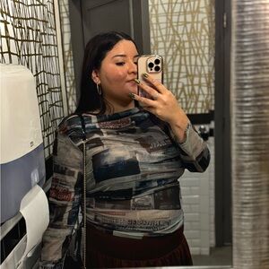 SHEIN | 2XL | Black and Gray | Newspaper Print | Long Sleeve Top